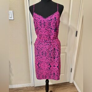 Ann Taylor Pink fuschia Navy spaghetti straps satin silky sun dress Medium sz 8